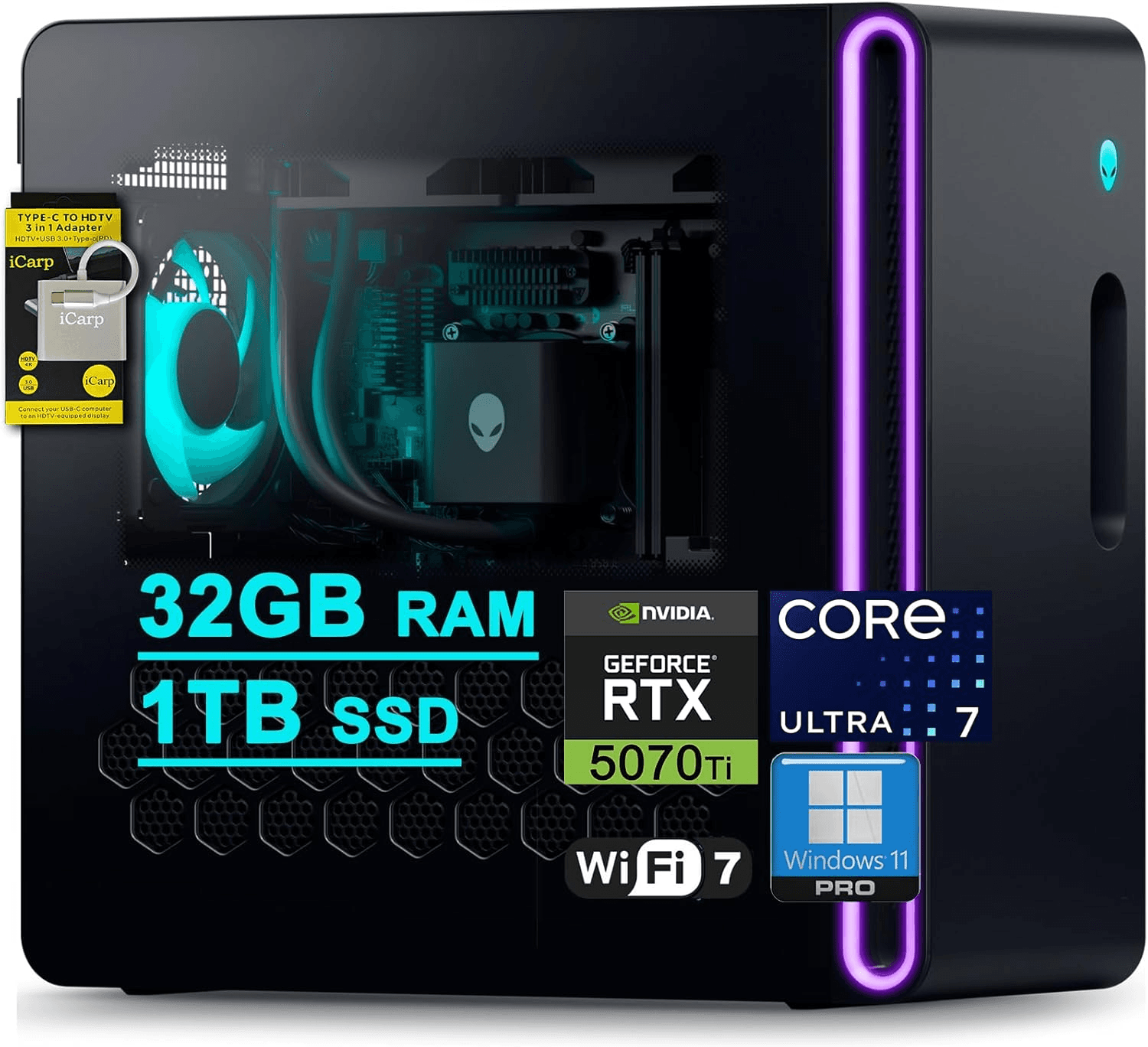 Dell Alienware Aurora ACT1250 Gaming Desktop Intel 20-core Ultra 7 265F (>i7-14700) 32GB RAM 1TB SSD GeForce RTX 5070 Ti 16GB GDDR7 DLSS4 Wi-Fi7 1000W PSU Liquid Cooler for Gaming AI Win11Pro ICP Hub
