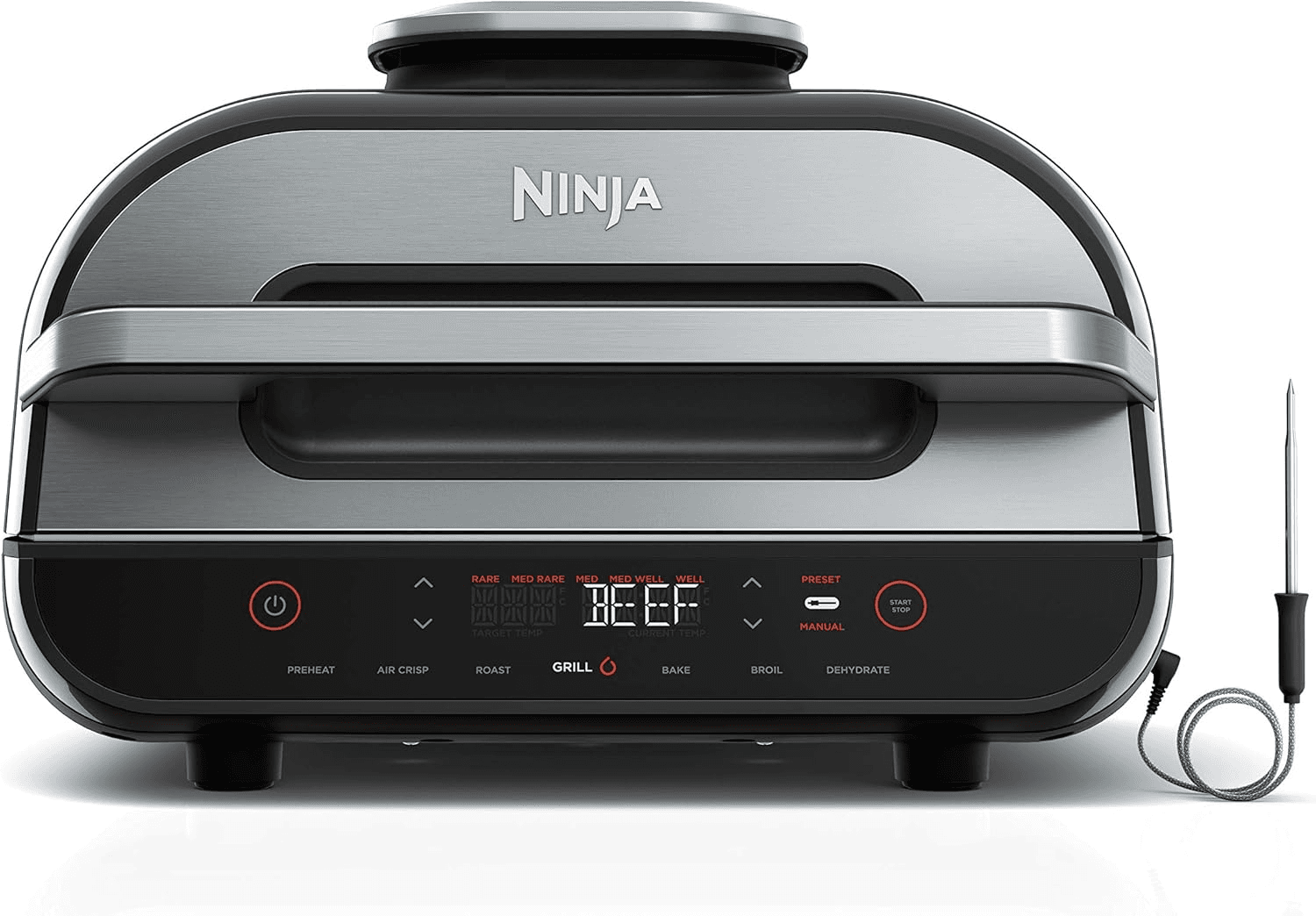 Ninja | Indoor Grill and Air Fryer| Foodi Smart XL | 6-in-1 Grill, Air Fry, Roast, Bake, Broil, Dehydrate & Crisp |Smart Thermometer & Splatter Shield | Dishwasher Safe Parts | Black/Silver | FG551