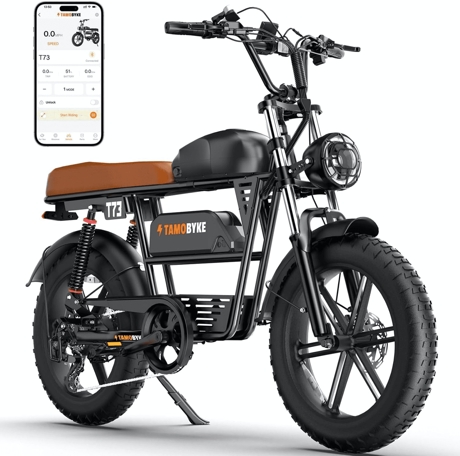 T73 Moped Style Electric Bike,1000W/1500W Dual Motor,30/33/37.5Mph Max Speed,48V15.6-41.6Ah Large Battery E-Bike,5-Speed Gear,20'' Fat Tire for Commute/Country/Snow Riding.