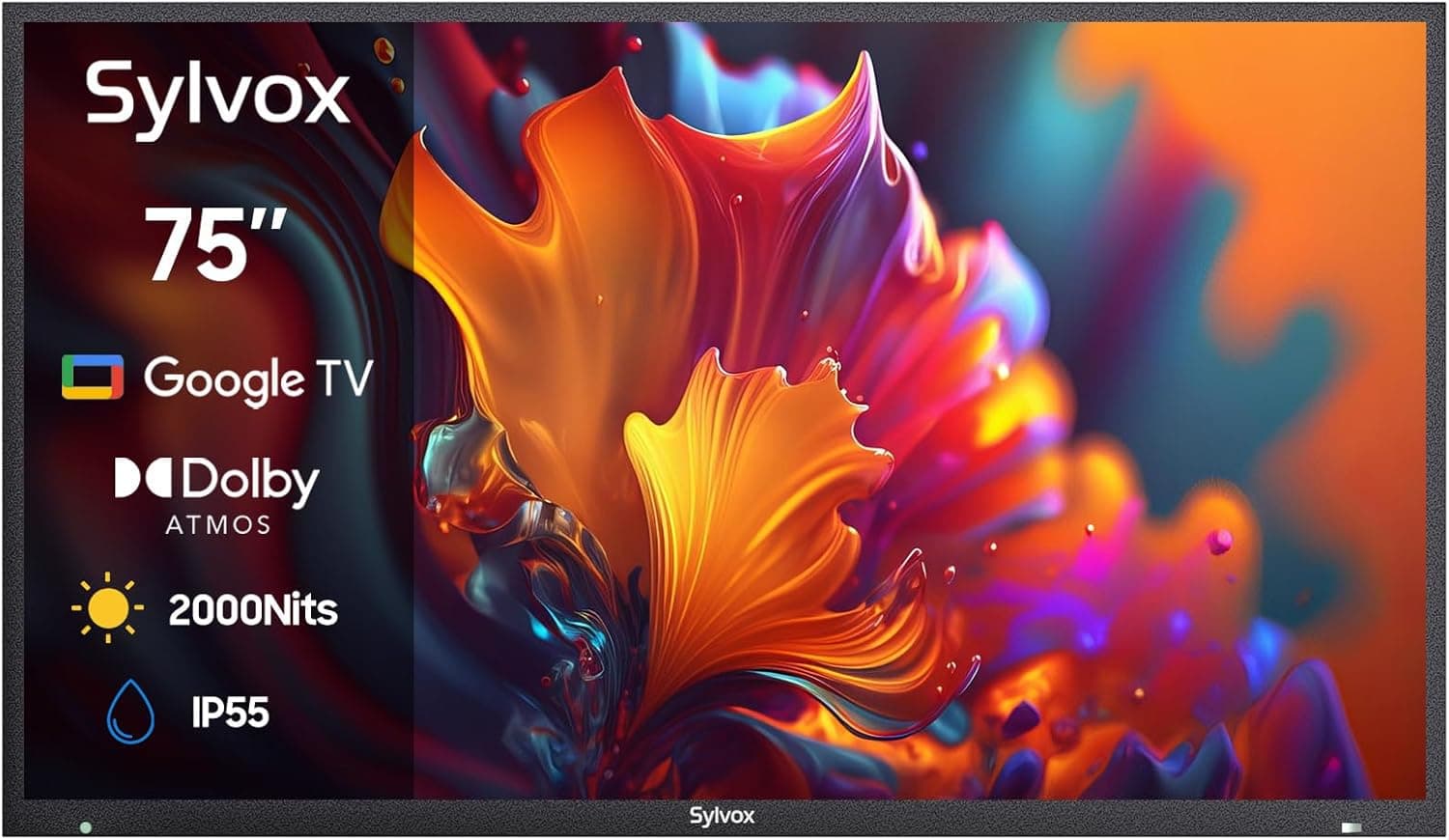SYLVOX Full Sun Outdoor TV, 75'' QLED Smart TV, IP55 Waterproof, Dolby Vision HDR, Voice Remote,2000nits Weatherproof Television, Chromecast Built-in for Full Sun Area(Pool Pro QLED 2.0)
